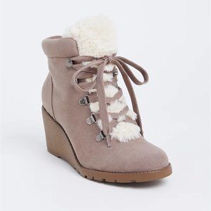 Torrid Taupe Faux Suede Sherpa Wedge Bootie Size 10.5 Wide Width NWOB